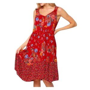 Bila Women Red Boho Crinkle Floral Sleeveless Midi Dress Size L 100% Rayon